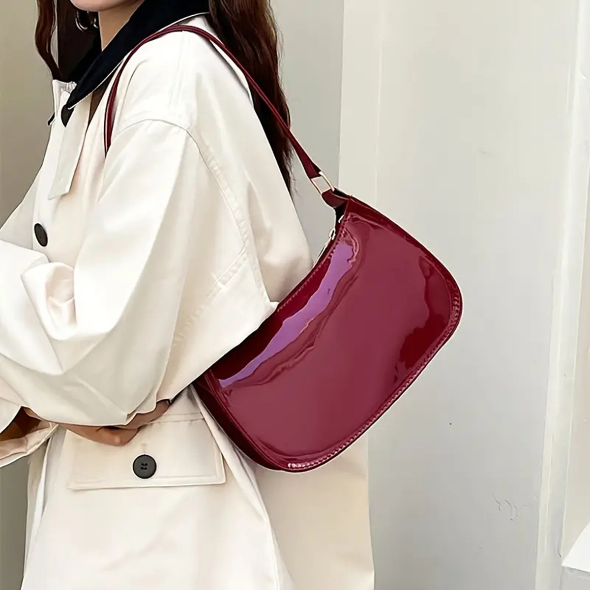 

Chic Red Patent Leather Shoulder Bag For Women - Vintage-inspired, Zip Closure, Polyester Lined