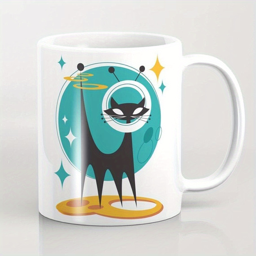 

11oz Atomic Space Cat Mug With Double-sided Print - Cat On , White Ceramic Coffee Mug For Husband, Wife, Or Office Gift, Hand Wash Only, Cat Mug