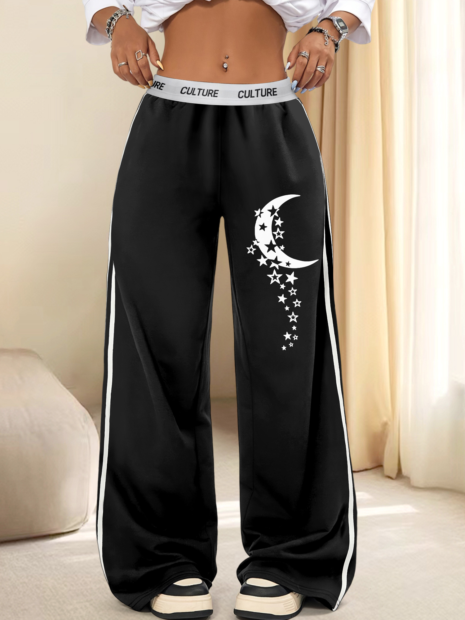 celestial print wide leg pants women elegant polyester blend