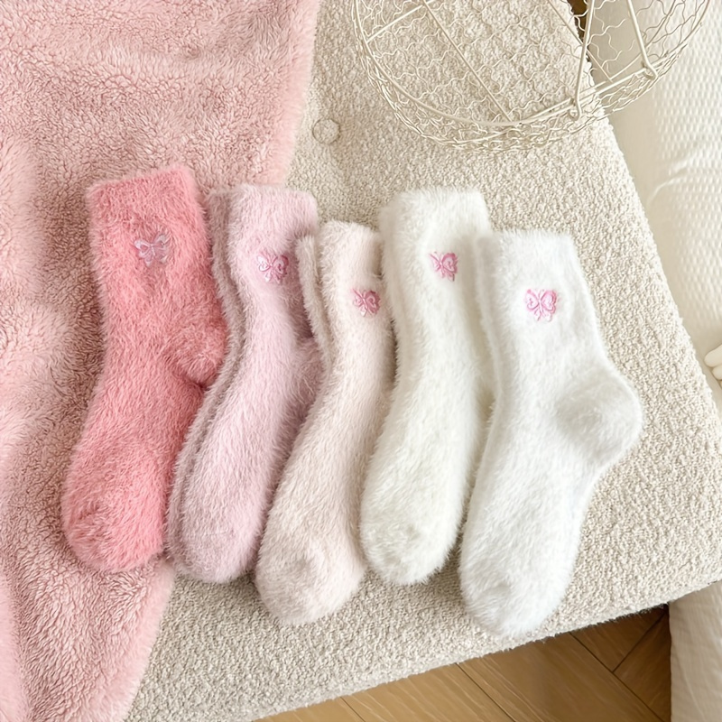 

5pcs Cozy & Bow Plush Socks - , Style In Soft Polyester , Ideal For , Hand Wash Only, Warm Indoor Socks| & Bow Plush Socks - , Style In Soft Polyester , Ideal For , Hand Wash Only, Warm Indoor Socks