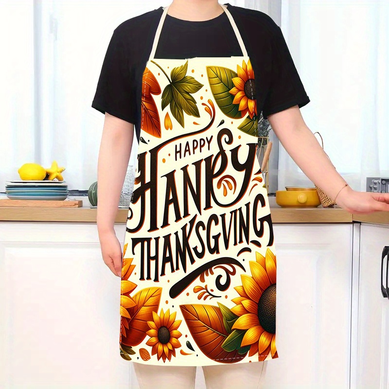 

1pc Happy Thanksgiving Linen Apron - Adult Size, Pattern, Sleeveless Kitchen Apron, Pinafore, Printed Linen Fabric, Woven, Kitchen Accessories