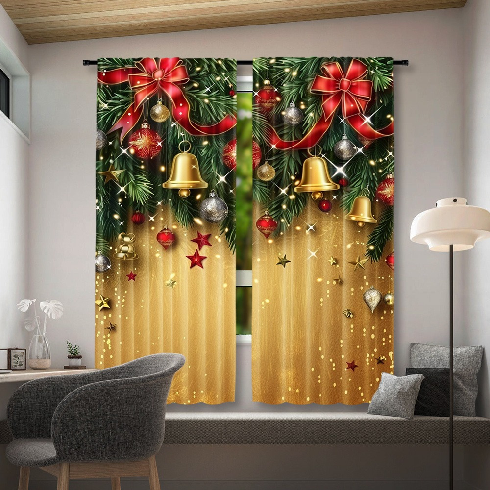 

2pcs Set & Snowman Christmas Curtains - Rod , Polyester, For , , & Dining Decor - , Christmas Decor