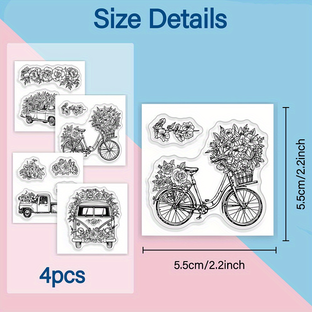 1set 4pcs 4 styles PVC Stamp for Scrapbooking Vehicle 55x55mm 1pc/style, Scrapbooking Supplies, Scrapbooking Accessories, Scrapbooking Stamps, Japanese Stamp, Mini Flowerstamp, Korean Stamp, Card Making Supplie, Fairy Stamp, Transparent Micro Key Antique Stamp, Clear Stamp, Scrapbooking Stamp Novelty, Scrapbooking Stamp New Arrival, Stamp For Crafting