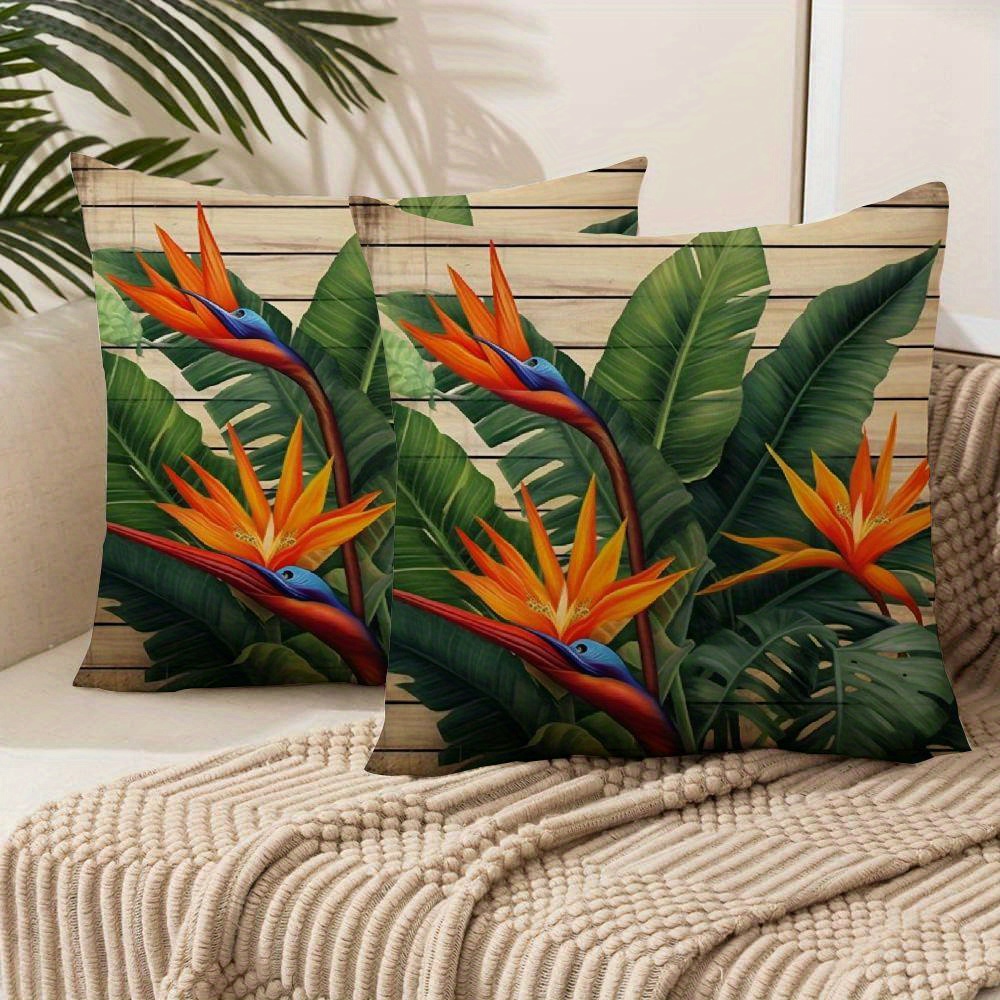 

2pcs Bird Of Paradise & Decorative Pillow Covers - Soft Short Plush, Zip Closure, Machine Washable For Sofa And Outdoor Use