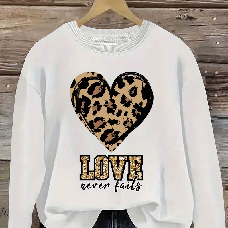 

Women's Casual Crew Neck Sweatshirt With Geometric Leopard Heart Print, 100% Polyester Knit Fabric, Lightweight 260gsm, Fashion Letter Print Top For Fall & Spring