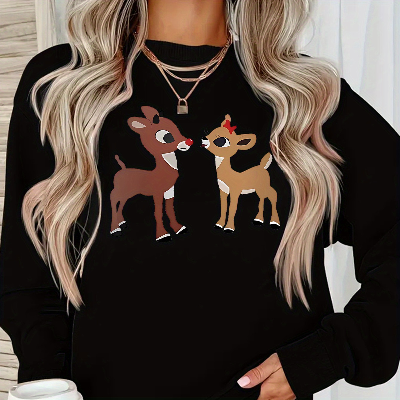 

Women's Y2k Cartoon Reindeer Print Long Sleeve Pullover Sweatshirt, Round Neck, Knitted Stretch Fabric, Polyester, Casual Sportswear, All , Adult Size