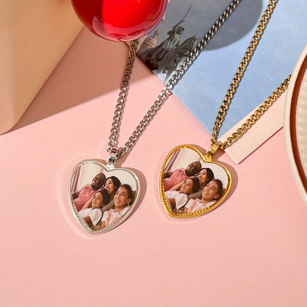 

Charm, Customized Golden And Silvery Heart-shaped Engraved Necklace, Personalized Custom Photo Pendant, Mother's Day Gift