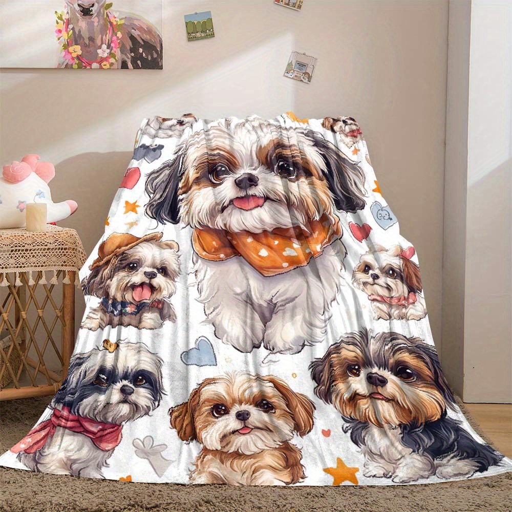 

Shih Tzu Cartoon Pattern Flannel Throw Blanket - Polyester Soft Cozy All Home Decor Gift For Christmas And Birthdays 200-250g/㎡ Lightweight Non-woven Fabric