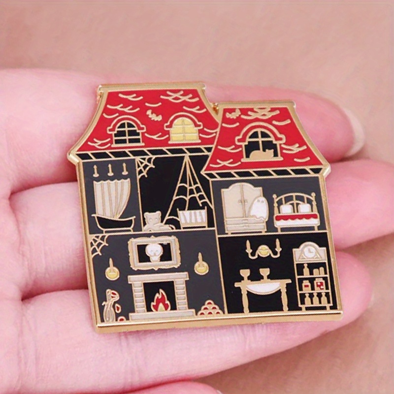 

1pc Kawaii Gothic Haunted House Enamel Brooch Pin - Spooky Room Badge For And Decor