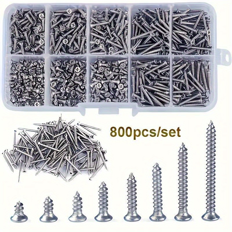 Juego de 800 Tornillos Autoadhesivos M2, Cabeza Plana Phillips para Chapa Metálica, Kit Variado de Tornillos