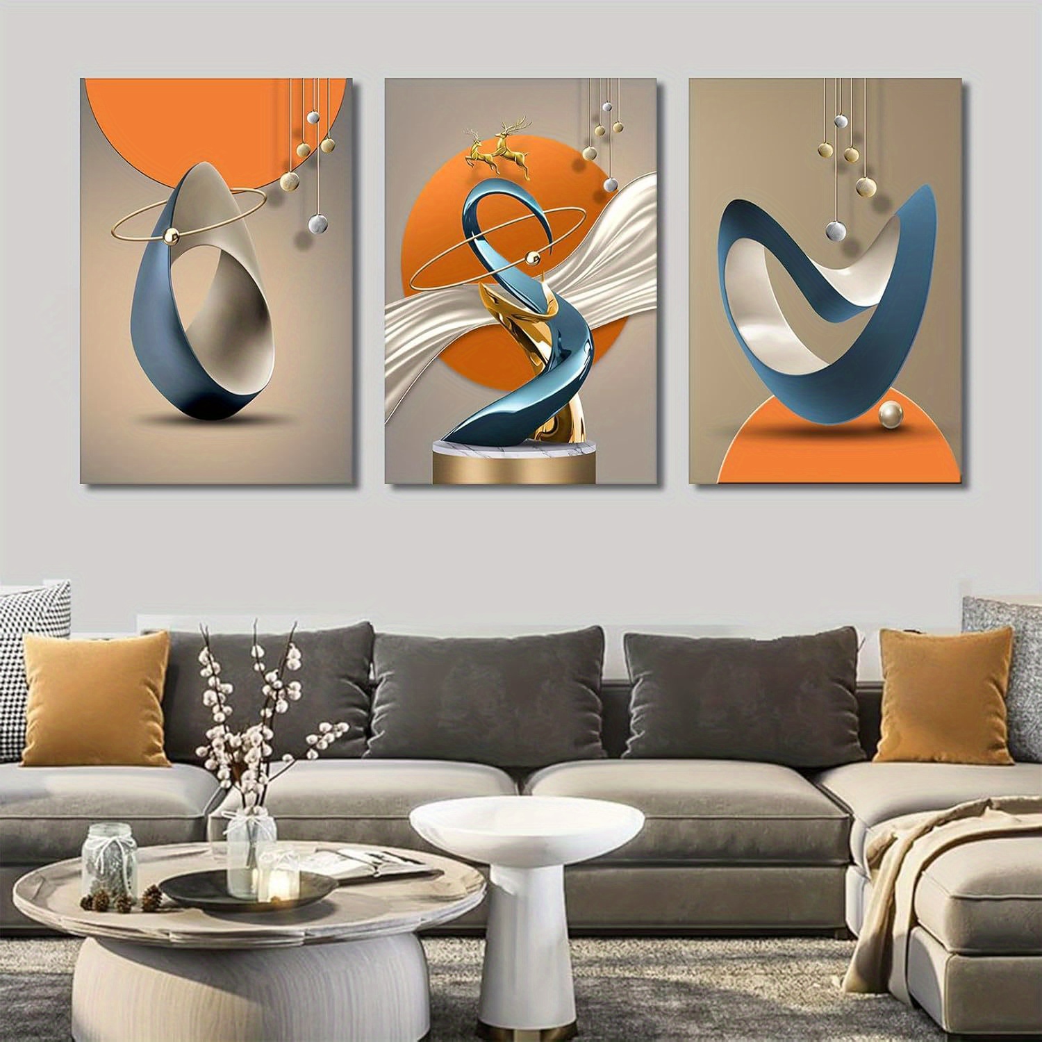 

Wrapped Canvas Modern Abstract Canvas Luxury Aluminum Cable Painting Pictures Wall Decor White Blue Orange Gray Poster Suitable For Living Room Bedroom Office Home Decor