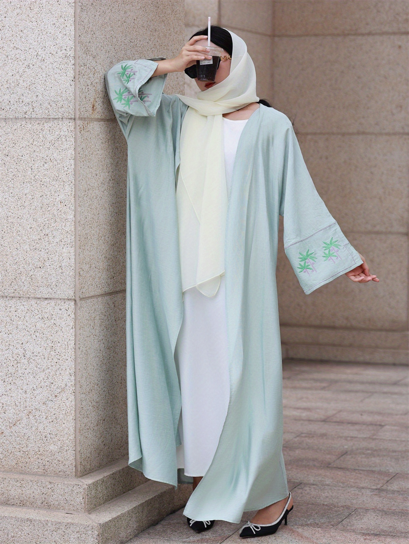plus size coconut tree embroidered kaftan dress elegant open - Temu Saudi  Arabia