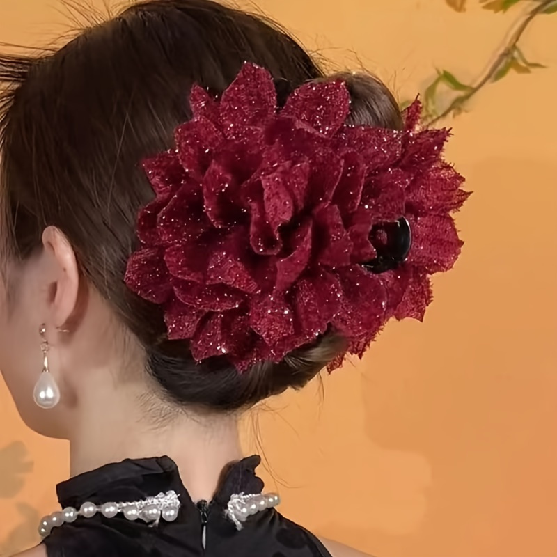 TEMU -chic Large Floral Hair Claw With Sequins - Elegant Acrylic , Non-slip Ponytail Holder For Women & Girls - Christmas Parties