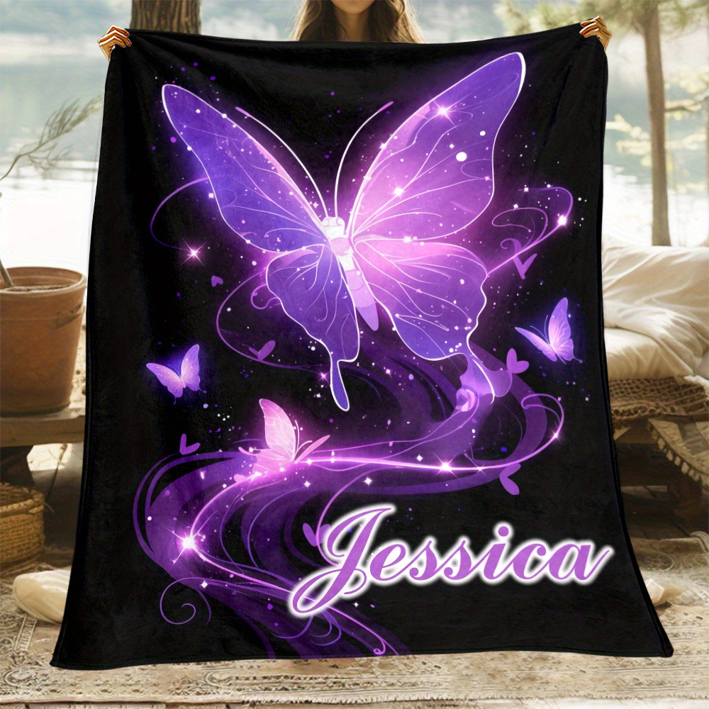 

Custom Name Starlight Purple Blanket - 1pc Personalized Lightweight Flannel Throw - No-electricity Portable Soft Warm Fleece For Sofa, Bed, Travel, Camping, Office - Non-feather Polyester Blanket