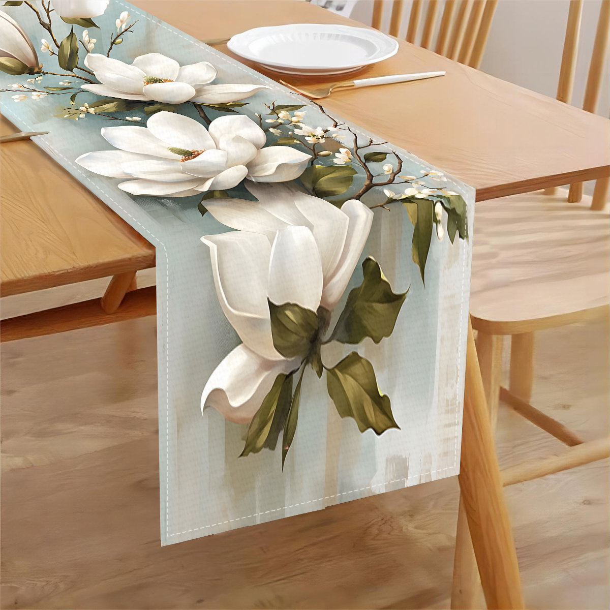 

1pc Elegant Magnolia Print Table Runner, , Polyester Woven Rectangular Table Decor For Kitchen, Dining Room, Indoor & Outdoor Home Party Decoration