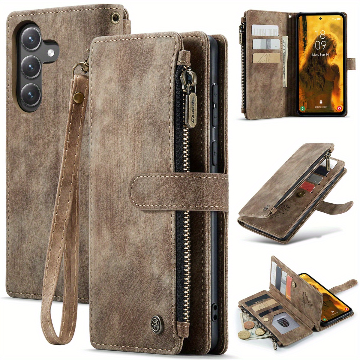 

For S24 Fe Case, Wallet Case For Women Men, Magnetic Flip Strap Zipper Card Holder Wallet Phone Cases