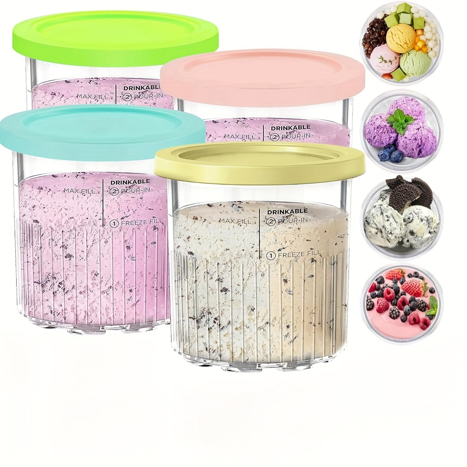 

24 Oz Cream Deluxe Set With Silicone Cover And Spoons, 4 Set For Nc501 Series Ice Cream Maker, Bpa Free Polycarbonate Plastic, And Clear, Non-sticky - Accessories For Cream Snacks