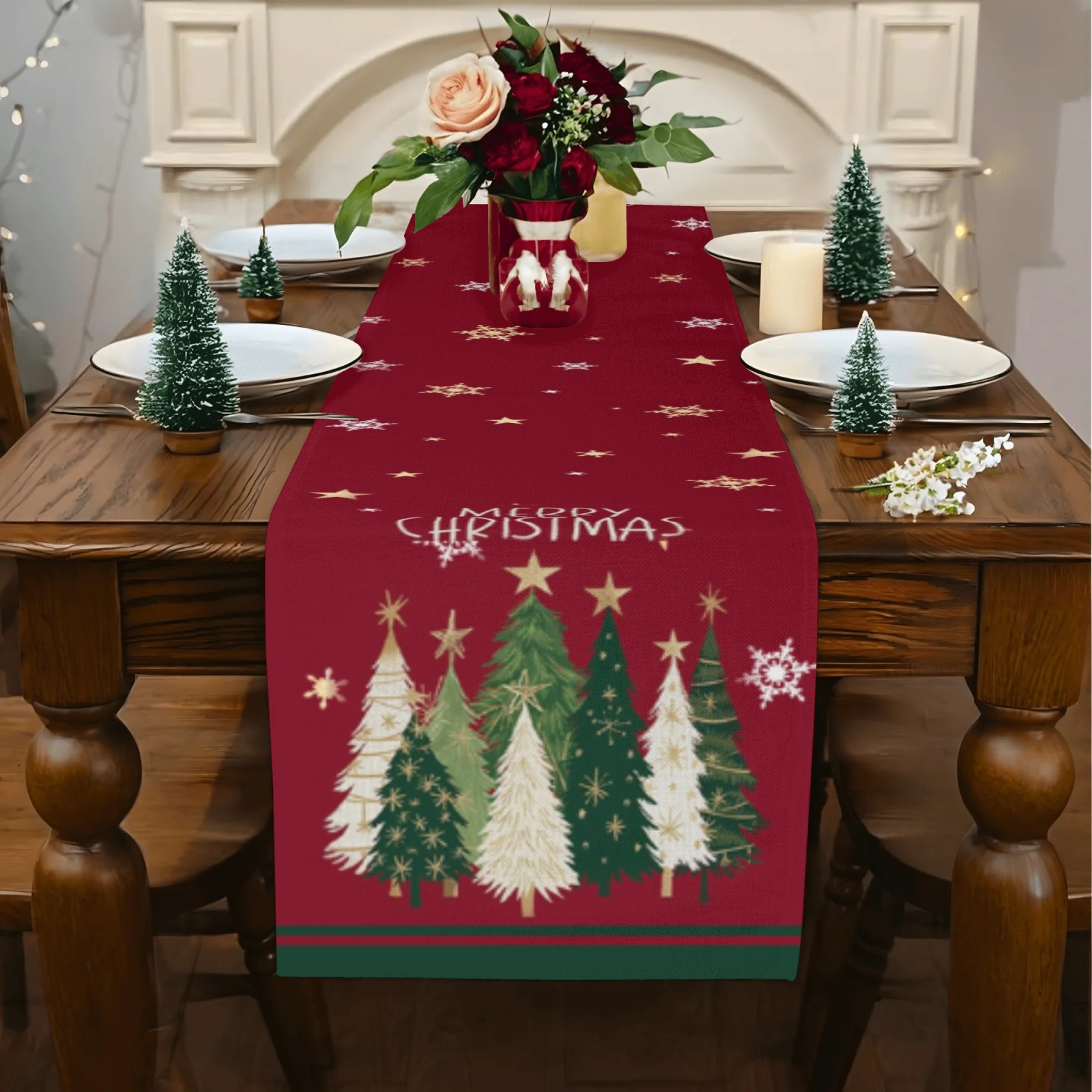 TEMU 1pc Polyester Christmas Table - Machine-woven Decor Trees And For Use