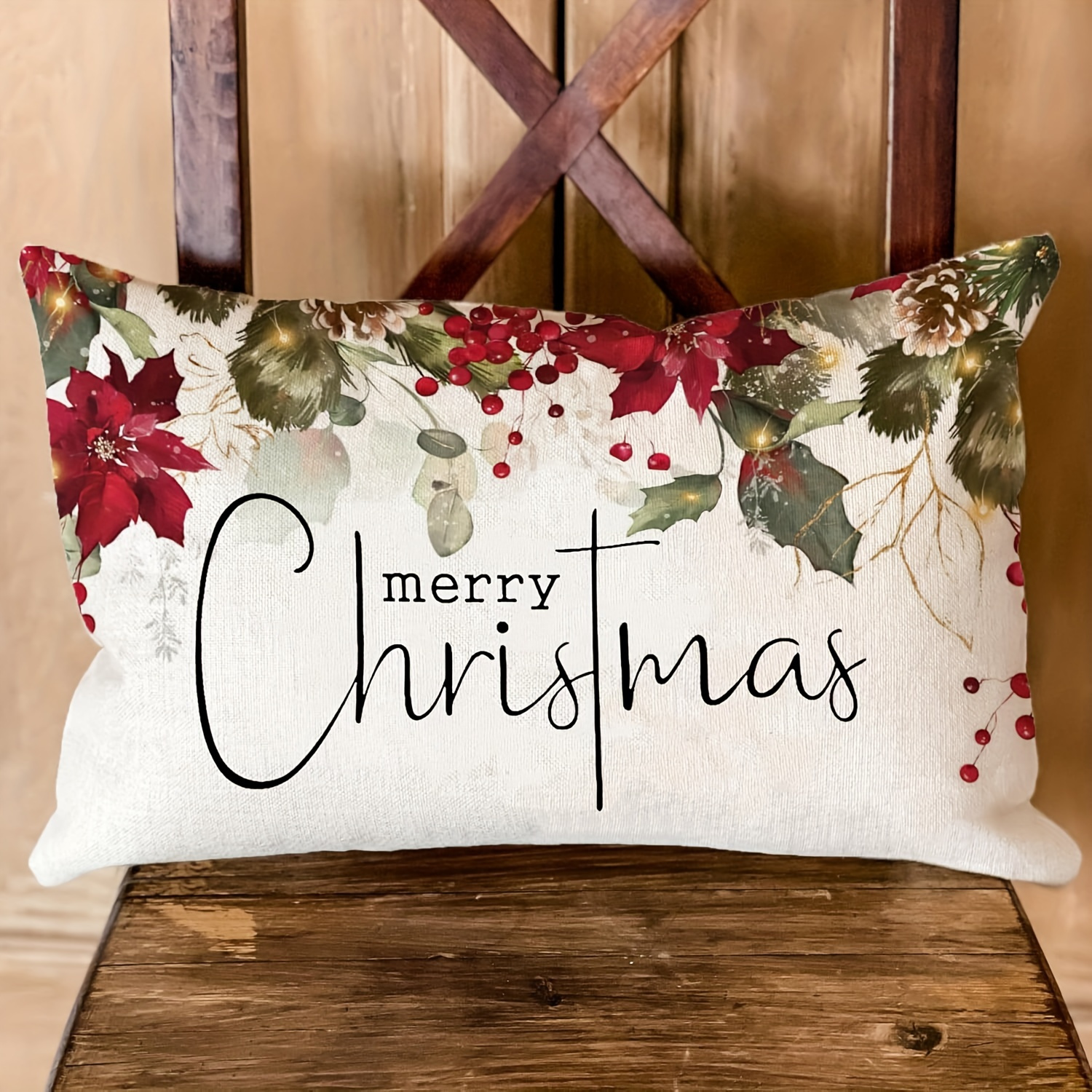 TEMU 1pc Merry Christmas Cover - Rustic Decoration - Suitable For Beds, Chairs, Sofas - - Washable In Machine - 20"x50" - Zippered Closure - For Room Styles - Made Of Polyester, Insert Not Included