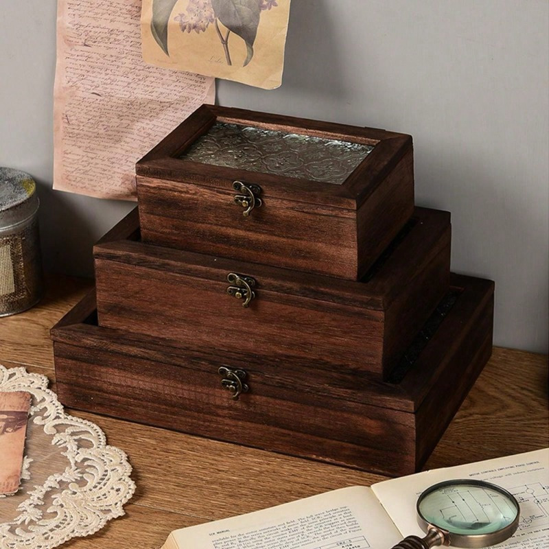 

1pc - Wooden Jewelry Box , Diy Lid, Rectangular Wood Organizer Top, Metal , - Display Case For Collectibles And Knife