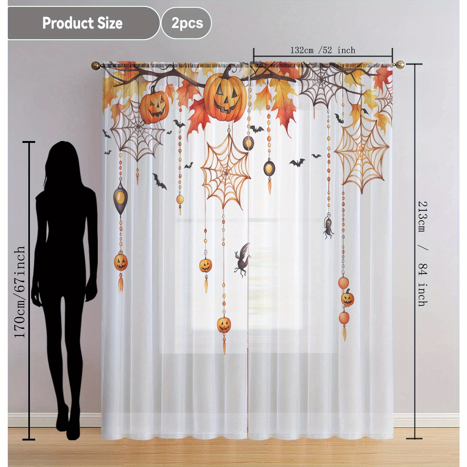 TEMU Voilages transparents de décoration intérieure Launch 2 pièces pour Halloween, motif toile d'araignée blanc et orange avec citrouilles, adaptés