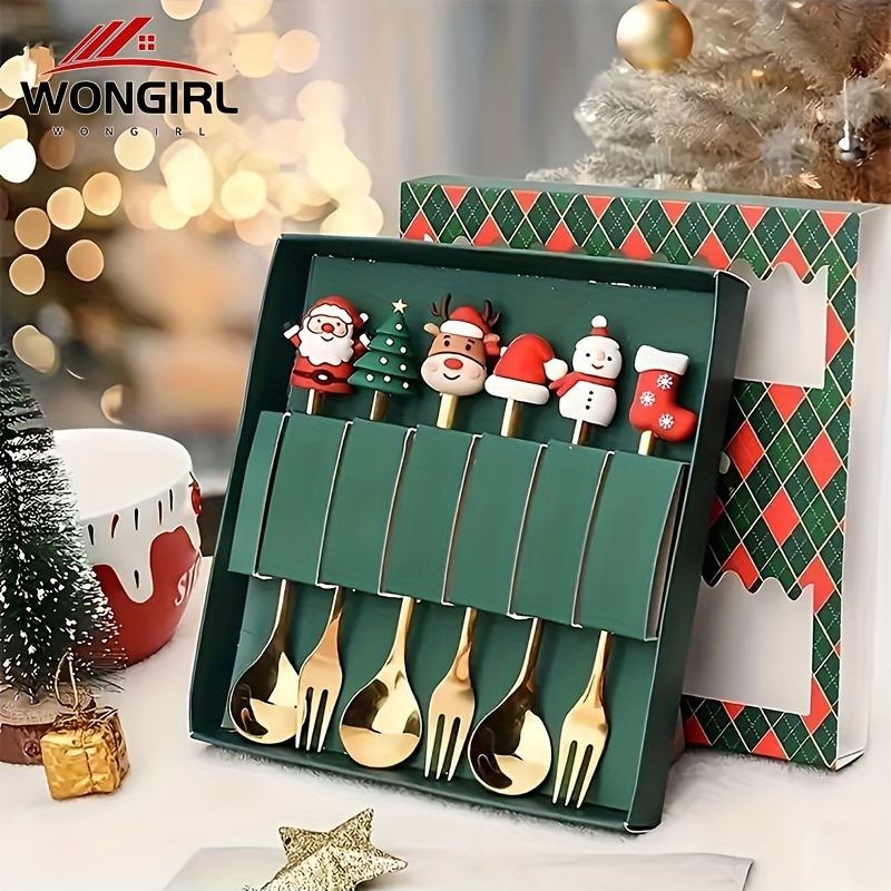 

Christmas Stainless Steel Flatware Set, Rust-resistant Oval Coffee Spoons And Forks, Uncharged, Dishwasher Safe, With Gift Box, Ideal For Holiday Gifts, Equipment