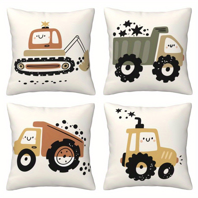 

4pcs Set Of - Engineering Vehicle , Zippered Cushion For Sofa & Bedroom Decor, Washable (16x16, 18x18, )