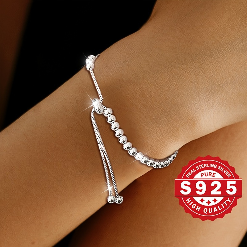 

925 Sterling Silver Bead Bracelet, Adjustable Bracelet For Women, Silver Jewelry, Gift For Women, 0.16oz