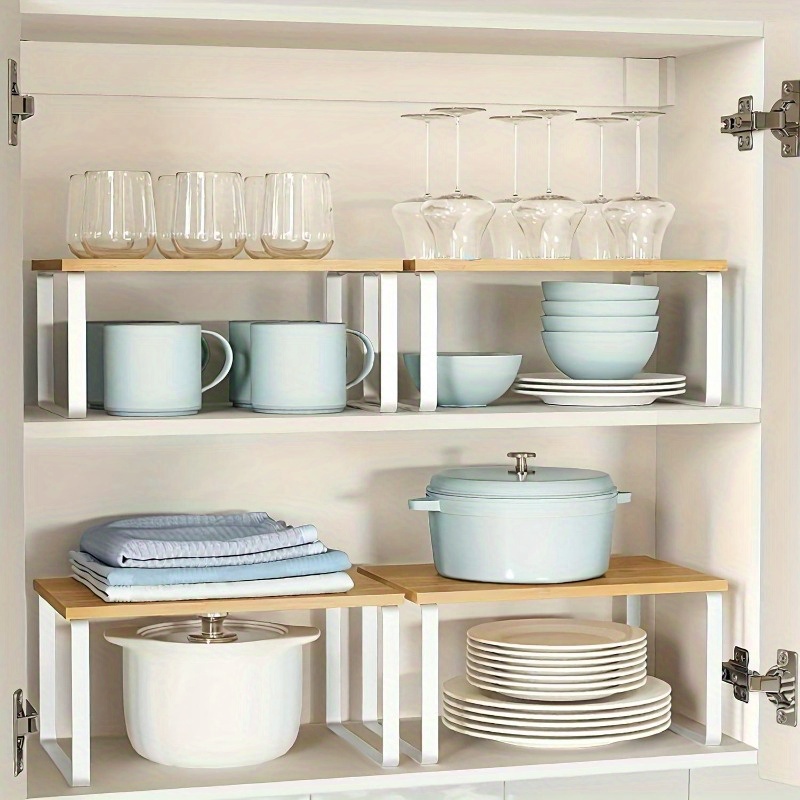 2 pack wood and carbon steel kitchen cabinet organizers stackable multipurpose storage shelves for spices dishes and countertop expansion non food contact safe
