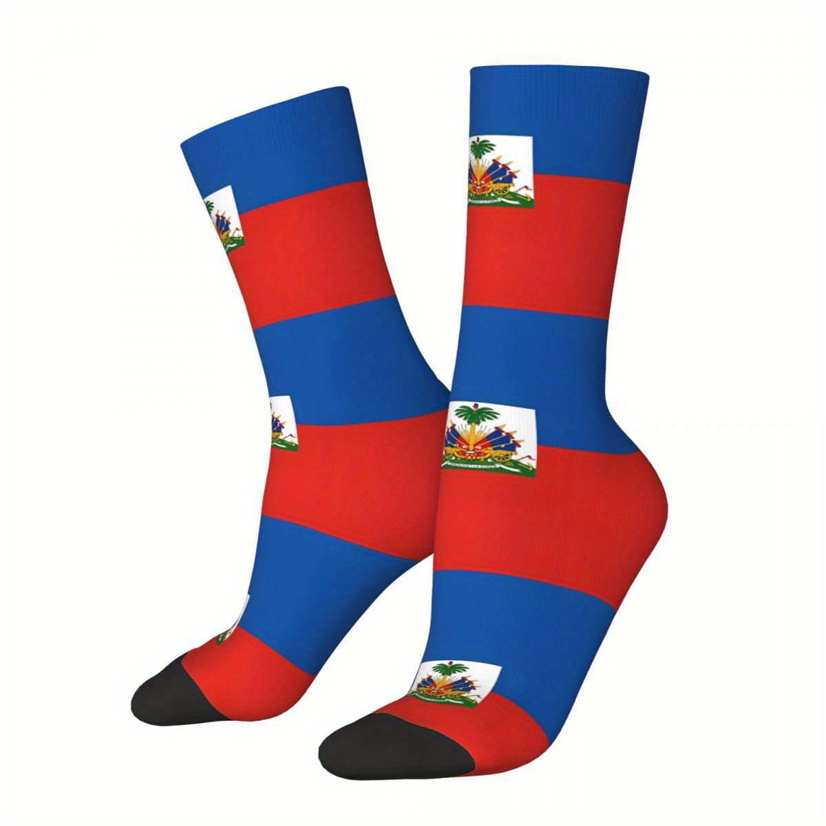 

1 Pair Biihudu Men's Flag-inspired Crew Socks - Breathable & Comfortable Polyester , Seamless 3d , Casual Wear, Red/blue/white With Palm Trees Emblem