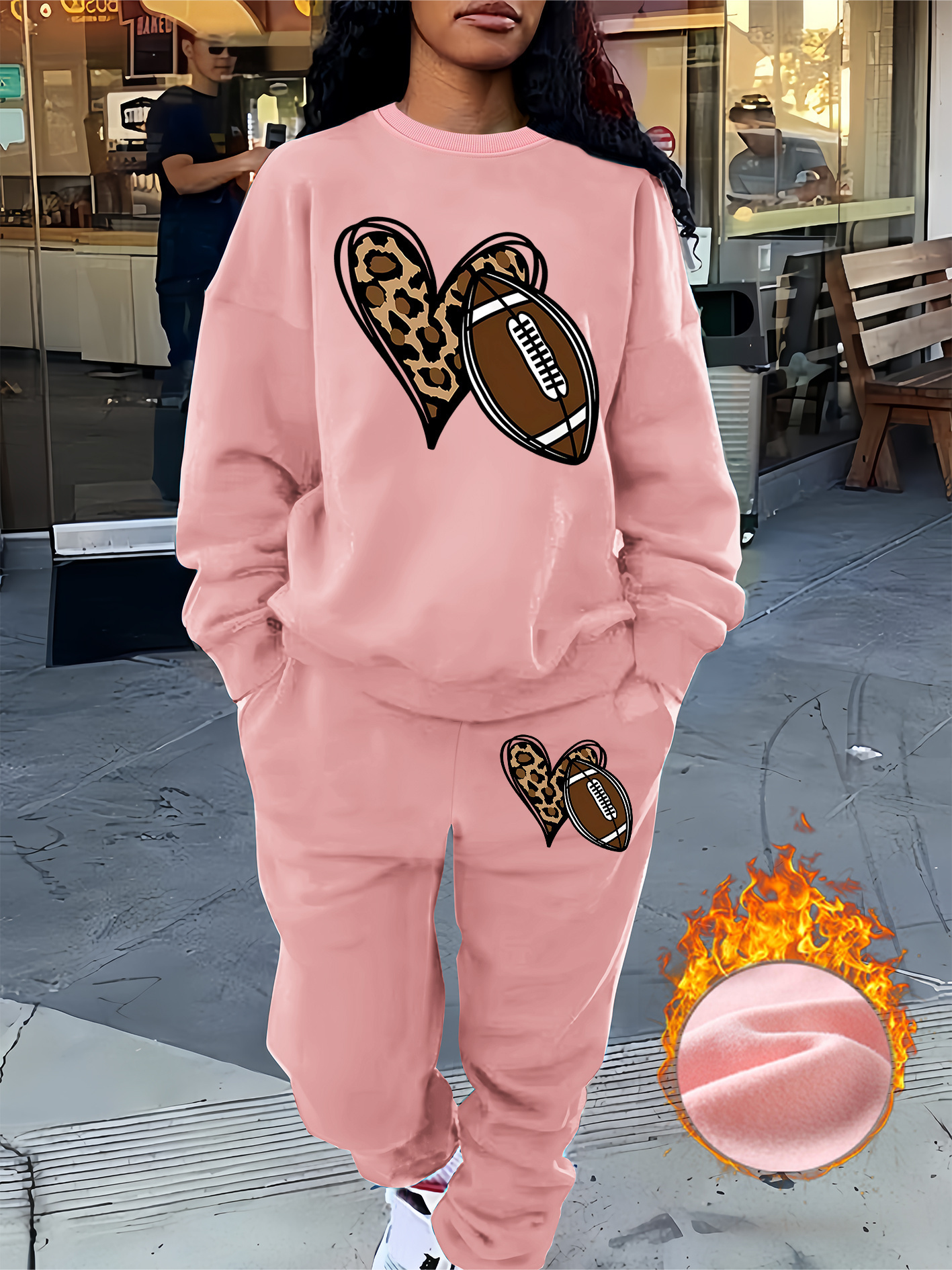 set womens casual polyester sweat suit leopard print heart