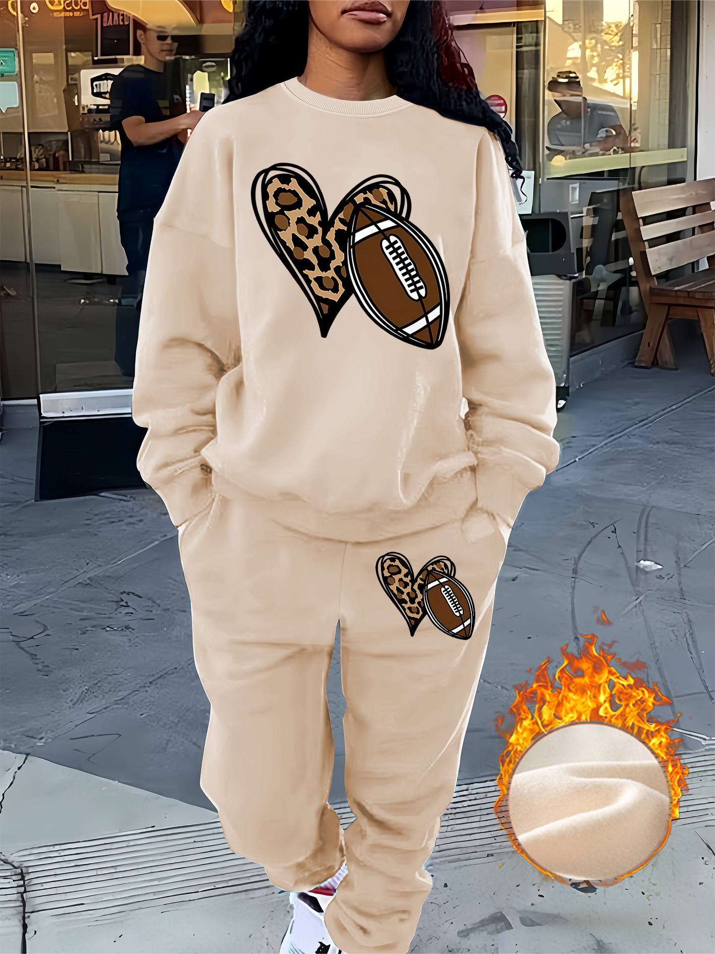 set womens casual polyester sweat suit leopard print heart