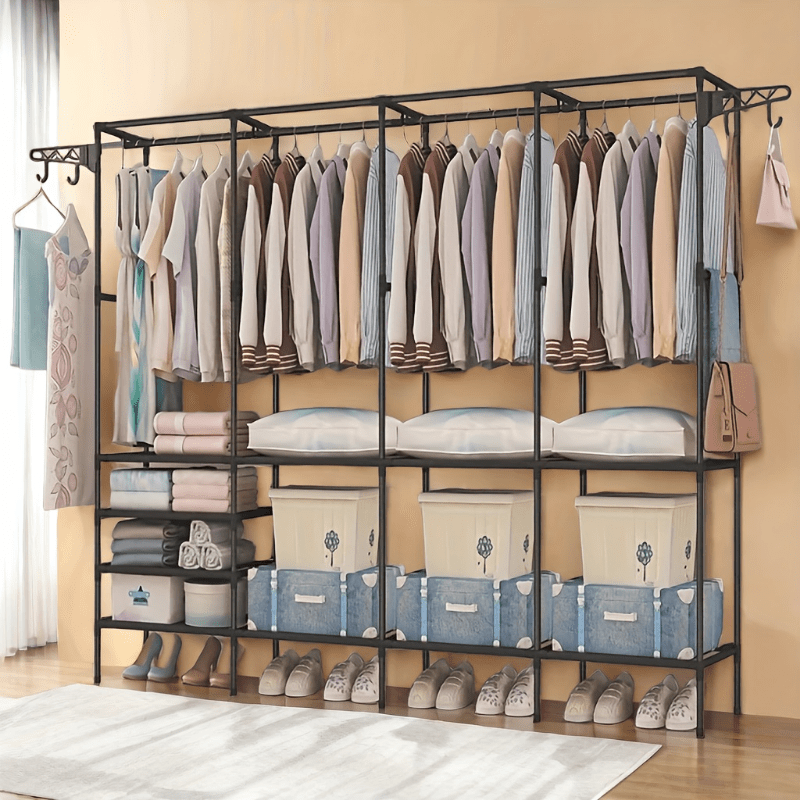 

4-tier Reinforced Metal Rack With Storage And Hooks - Multi-functional Freestanding Closet Organizer, Easy Diy , Home Kitchen Storage, Vertical Hanging Clothes Rack