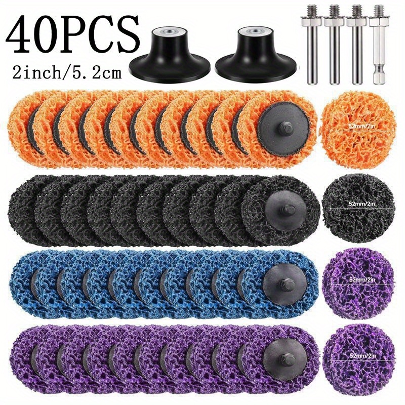 Image of A Set Of 40 Easy-to-remove 2-inch Discs And Pads For Quick , Including Paint And Rust Removers, Wheels, In Of Blue, Black, Purple, And Orange