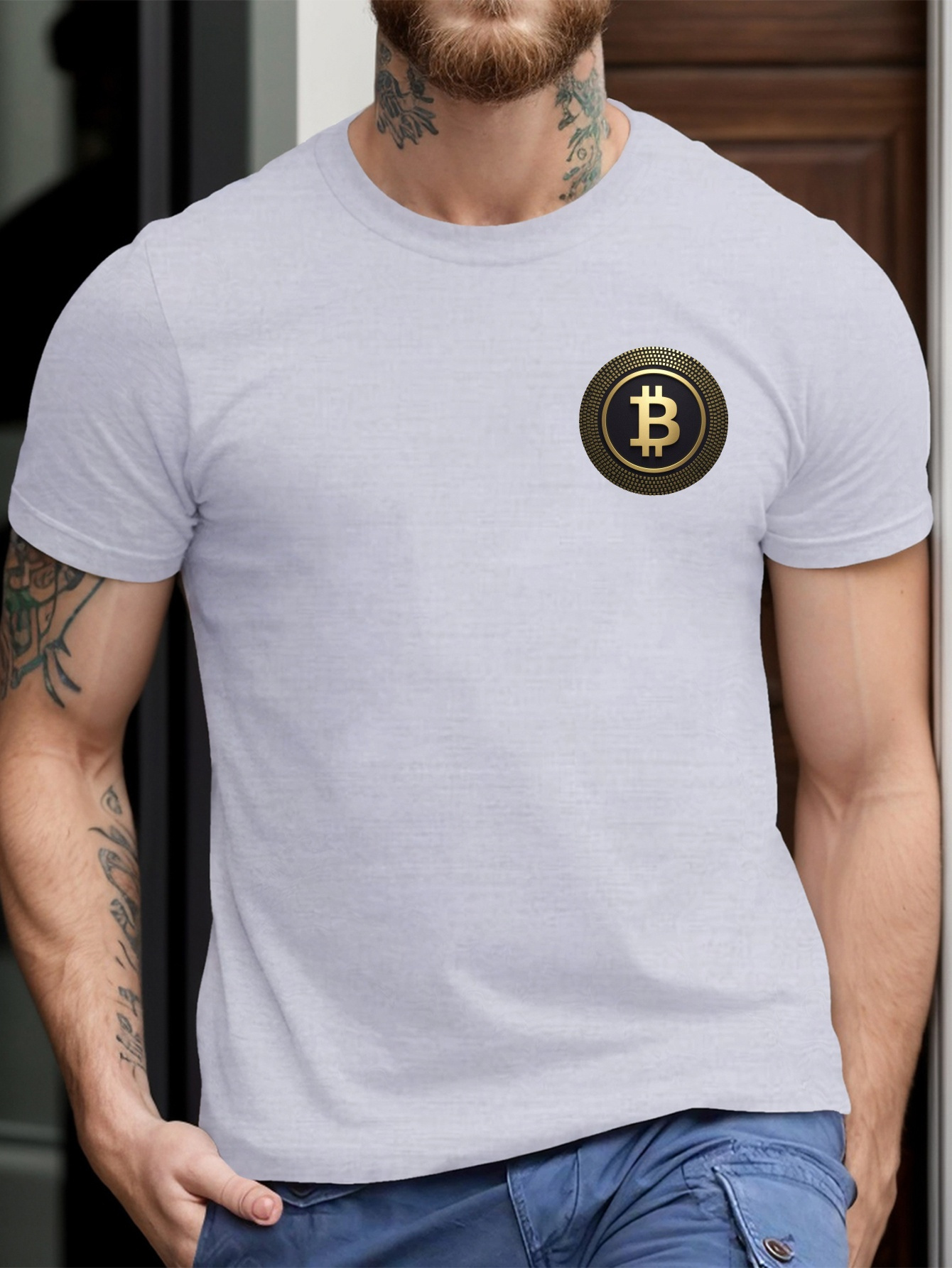 남성용 캐주얼 반팔 티셔츠 금색 비트코인 심볼 프린트 폴리에스테르 기하학적 패턴 크루 넥 신축성 있는 직물 - Temu Republic  of Korea