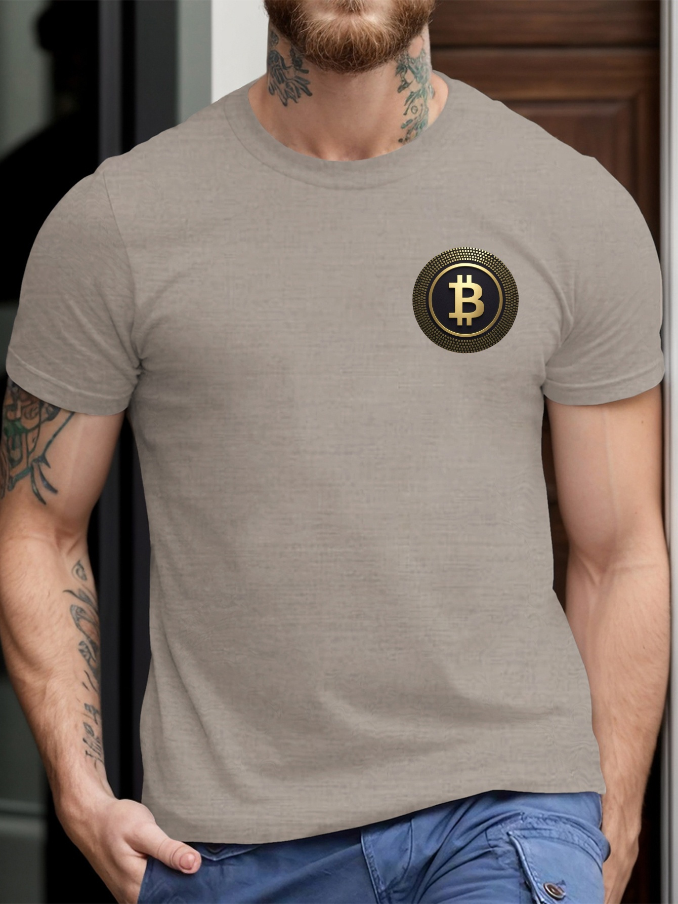 남성용 캐주얼 반팔 티셔츠 금색 비트코인 심볼 프린트 폴리에스테르 기하학적 패턴 크루 넥 신축성 있는 직물 - Temu Republic  of Korea