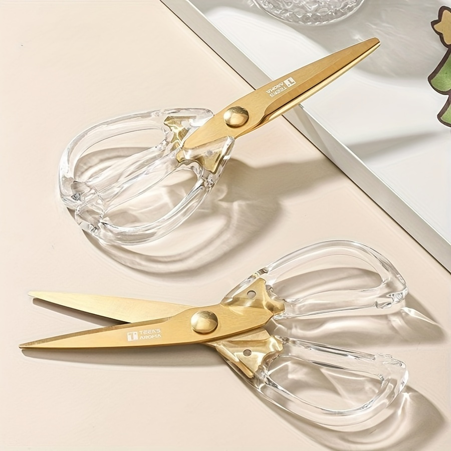 TEMU 1pc Elegant Golden-tone Stainless Steel Kitchen Scissors With Transparent Handle - Rust-proof, Sharp For Meat & Vegetables, Ideal For Outdoor