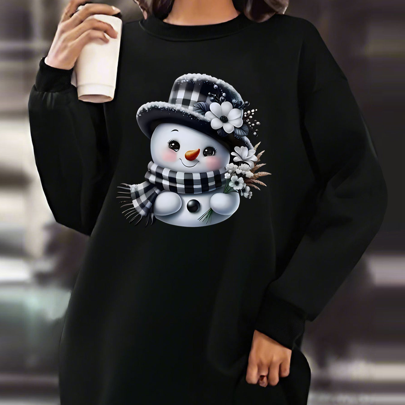 

Women's Cozy Fleece-lined Sweatshirt Dress - Casual Long Sleeve, Crew Neck With Snowman Print For Fall/winter