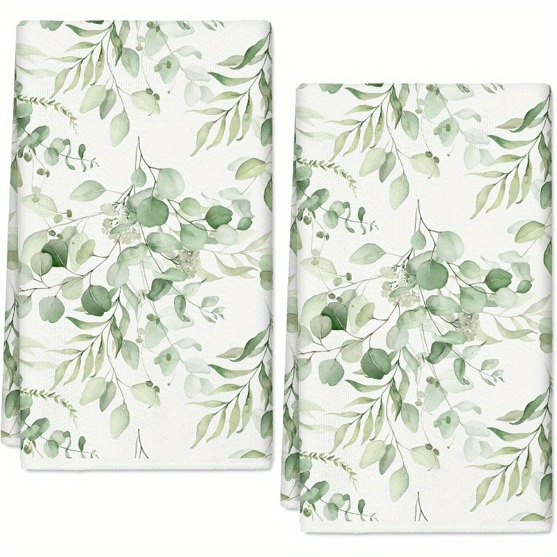 

2pcs Eucalyptus Leaves Kitchen Towels - 18x26 Inch, Watercolor Green, Home , Machine Washable Polyester