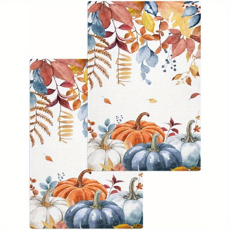 

2pcs Polyester Kitchen Towels - 18x26" Thanksgiving Pumpkin & Design, Absorbent Hand Towels With Eucalyptus Leaves, Home Decor & Cleaning