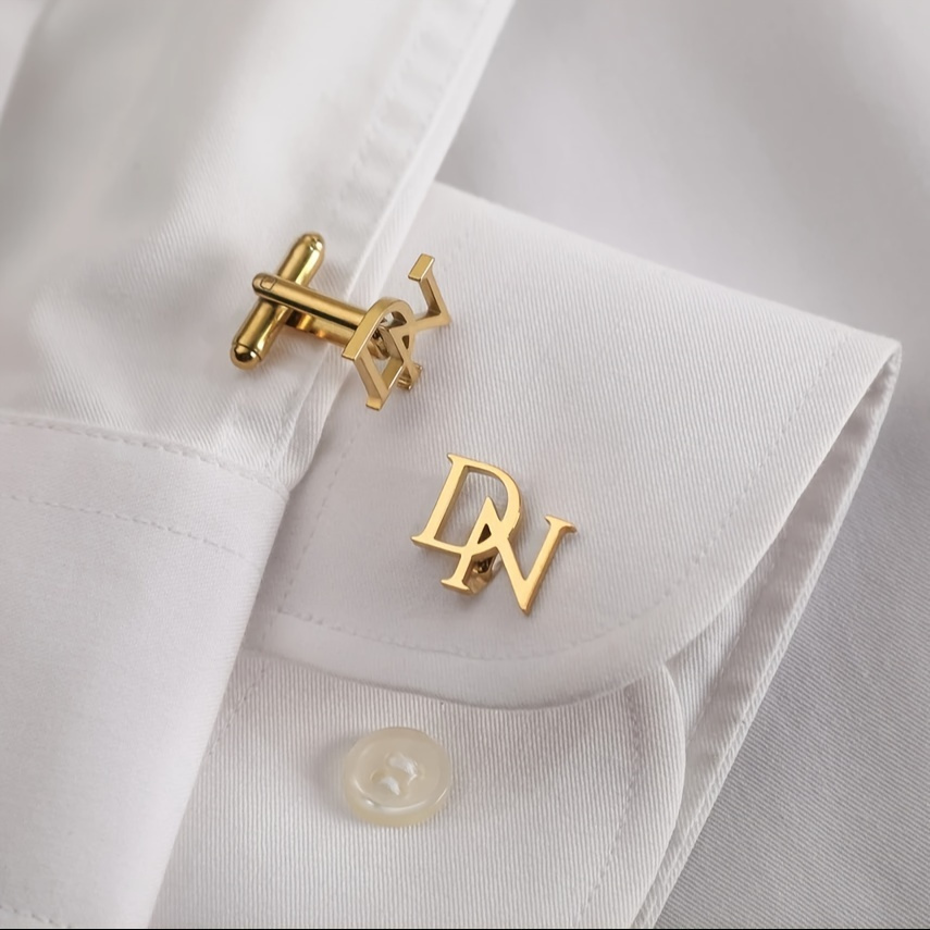 TEMU Custom Cufflinks Custom Engraved Stainless Steel Cufflinks - Men's Suit Shirt Elegant Double Letter Design, Perfect Gift, Lapel Pin, Minimalist