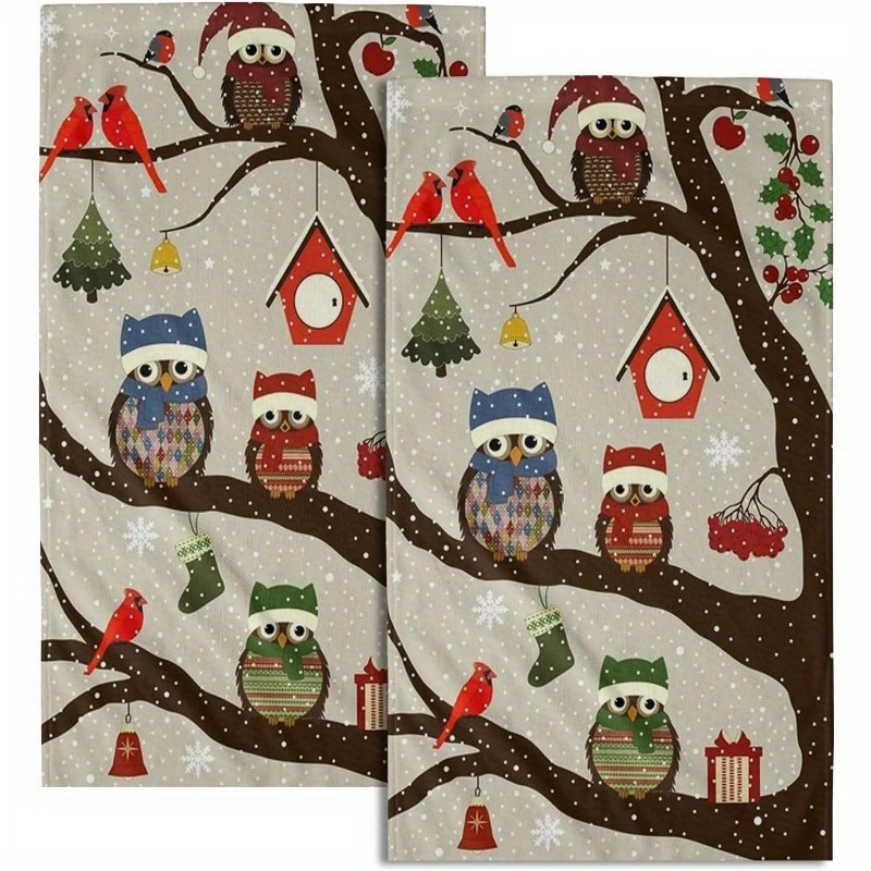 

2pcs Set Christmas Owl & Raspberry Kitchen Towels - , Absorbent Polyester Hand Towels For Home Decor, 18x26 Inches