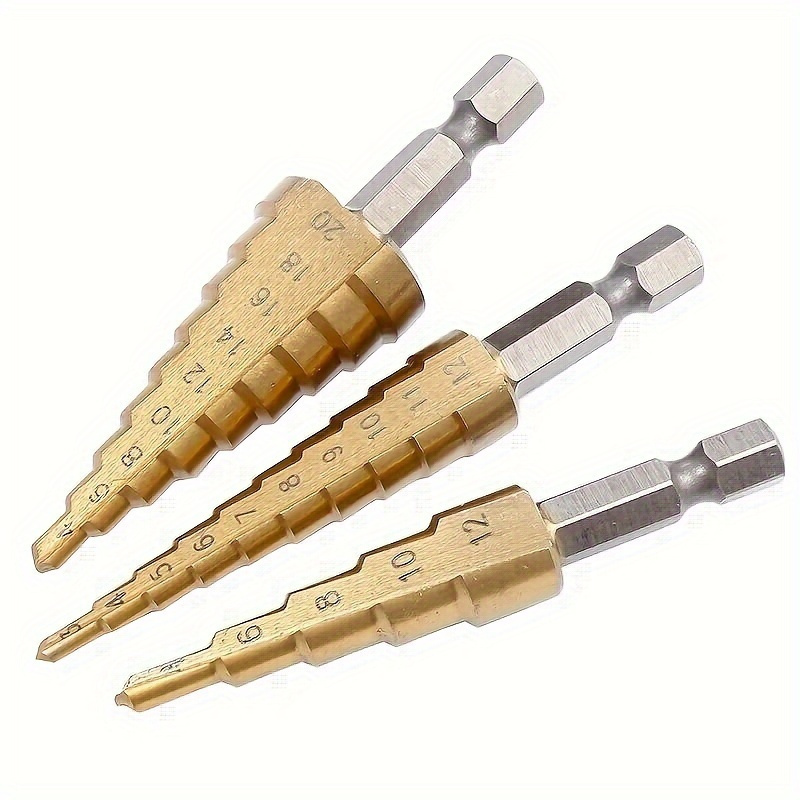 TEMU 3pcs Titanium-coated Hss Step Drill Bit Set, & , Drilling Bit For Wood & Metal, Drilling Tool