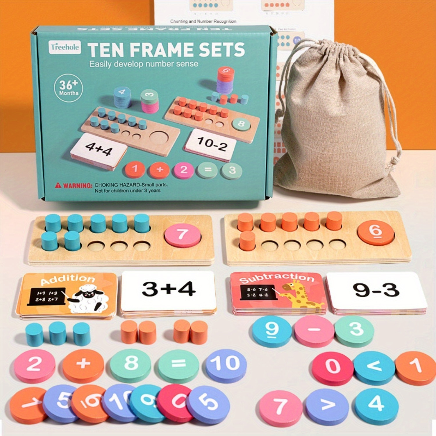 Wooden Ten-Frame Set Mathematics Teaching Aids Are Suitable For Kindergarten, Primary School, Grade 1, Home School, Addition And Subtraction Of Mathematics Games, Counter Toys Suitable For Aged 3-8