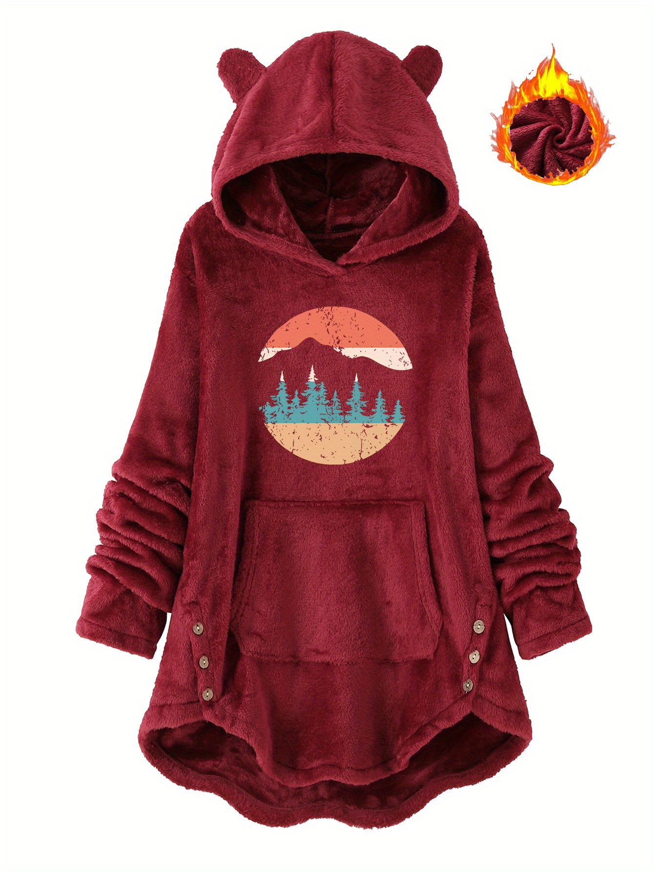 Ladies Cute Plush Top Jumper, 80'S 80* Print, Double Flannel Material  Hooded Cat Ears Skin Used As Pajamas And Home Clothi