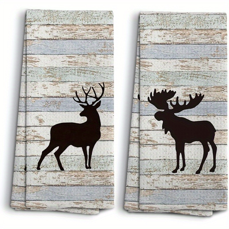 

2pcs Set Western Wildlife Kitchen Towels, 18x26 Inch, Contemporary Style, Super Soft Polyester, Machine Washable, Woven Deer & Moose Print Dish Cloths For Camping, , Home Decor