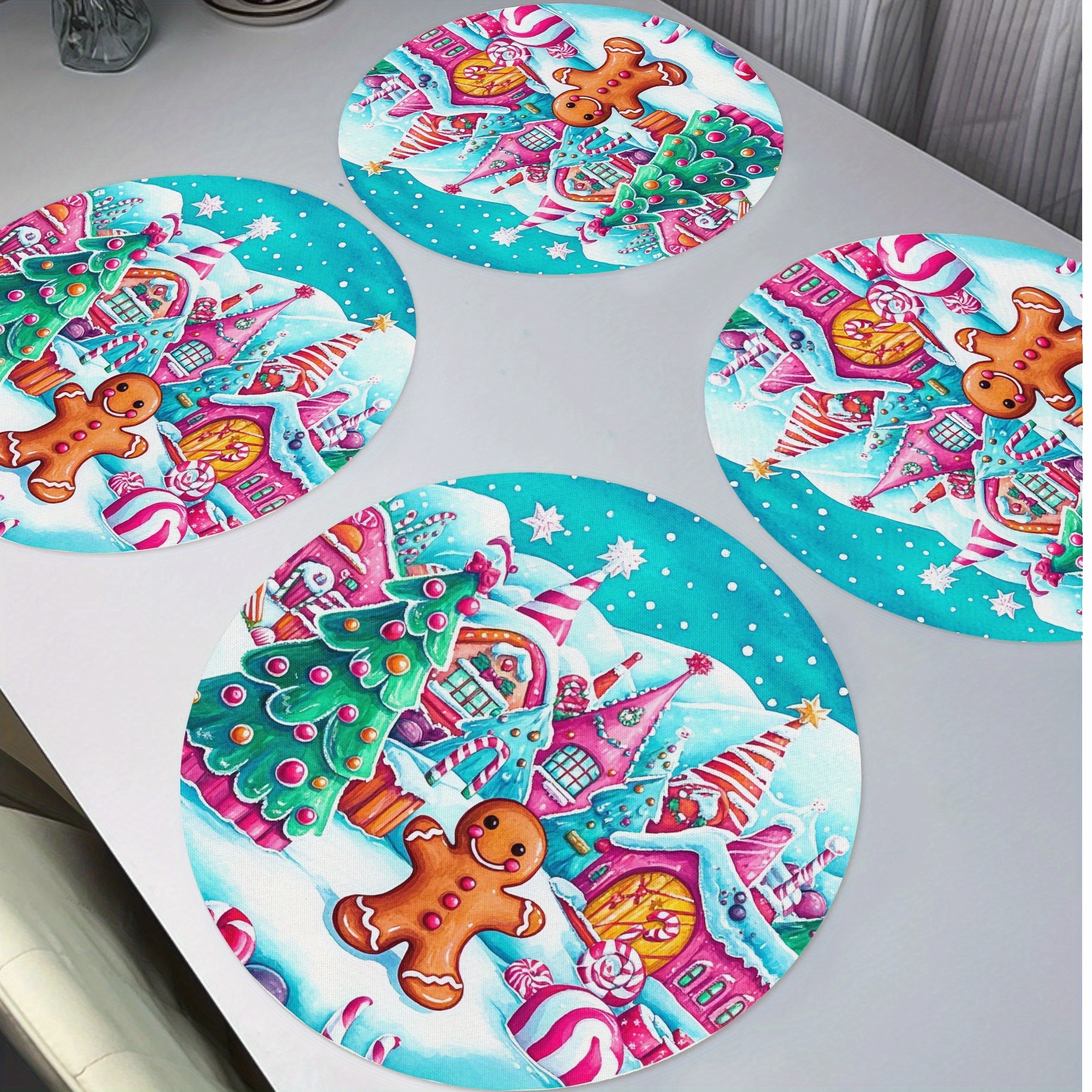 

4-pack Christmas Gingerbread Man Placemats, 15" Round Polyester Table Mats, Non-slip Washable, Handwash Only, For Home Kitchen Banquet Party Dining Decor