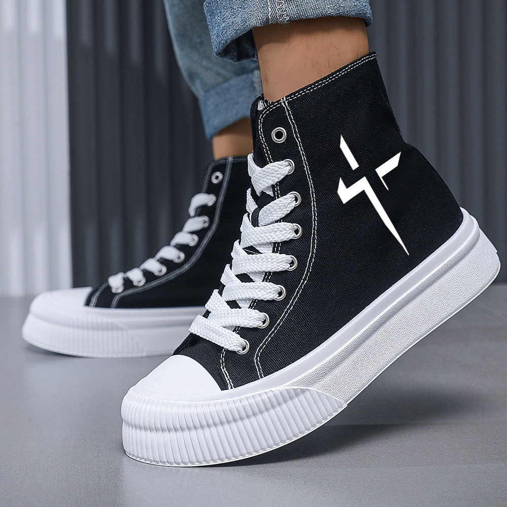 *'S High-Top Canvas Sneakers Black with White Accent, Lace-Up Skate  Shoes, Round Toe, PVC Sole, Fabric Inner Casual Footwear, Everyday