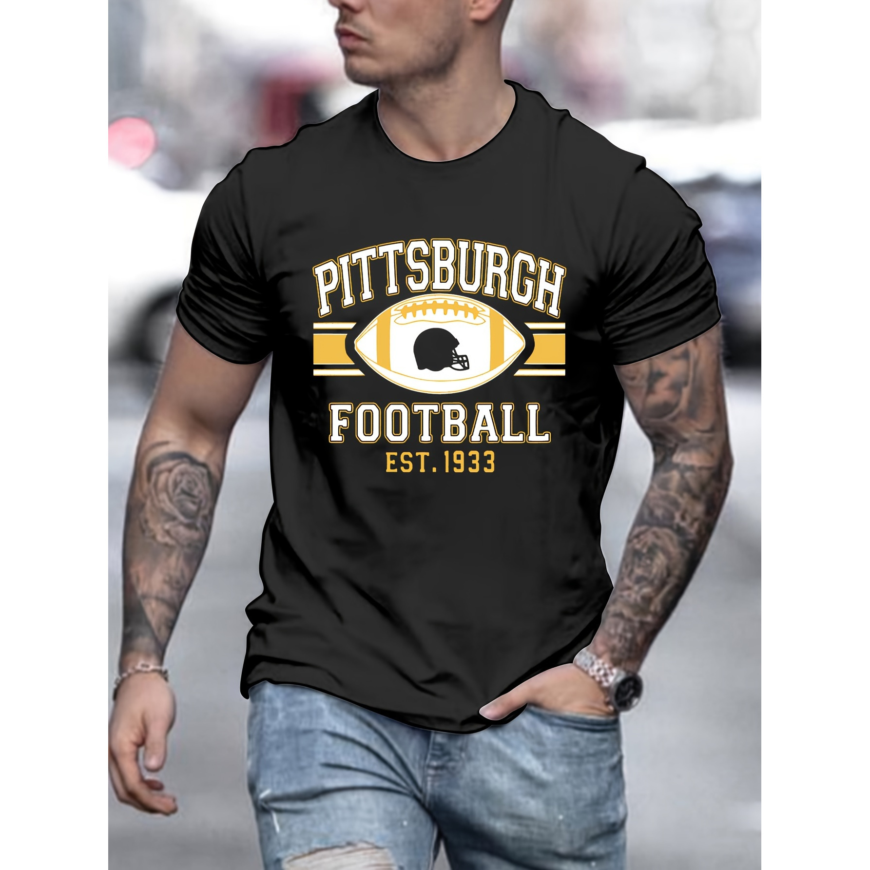 

Pittsburgh Football Team Print Men's Cotton Casual Short Sleeve T-shirt- Knit Fabric, Round Neck, Daily& , Unisex, Summer Collection