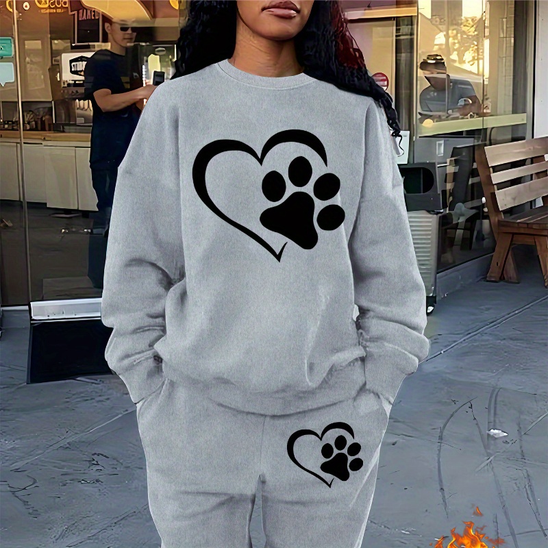 

Cozy Fleece-lined Women's Sweatshirt & Joggers Set - Casual Heart Print, Crew Neck, Machine Washable - Fall/winter